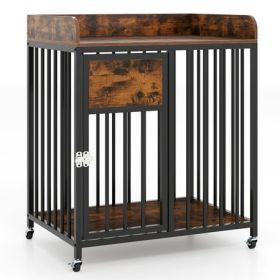 Rustic Brown Dog Crate End Table with Lockable Wheels