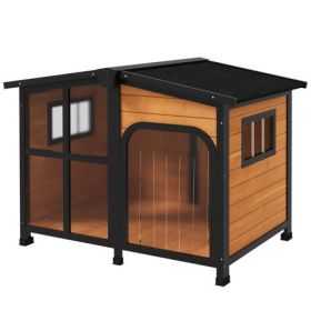Yellow Wooden Dog House with Openable Roof & Picture Window