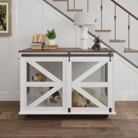 Mobile Dog Crate Furniture with Barn Door, Brown & White