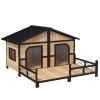 Log Cabin Style Double Dog House with Porch, Natural