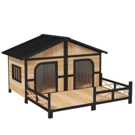 Log Cabin Style Double Dog House with Porch, Natural