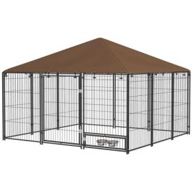 Covered Outdoor Kennel with Rotating Feed Door, Coffee