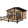 Log Cabin Style Double Dog House with Porch, Natural