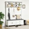 White Entryway Bench with Leash Hooks & Storage