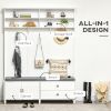 White Entryway Bench with Leash Hooks & Storage