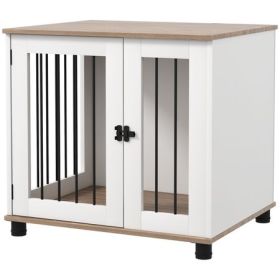 Walnut Brown Dog Crate Side Table with Lockable Door