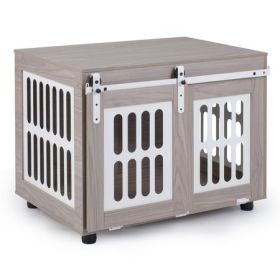 Gray Dog Crate Furniture with Sliding Barn Door