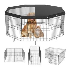 Foldable 8-Panel Dog Playpen with Weatherproof Top Cover