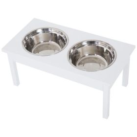 Elevated Wooden Feeding Station with Stainless Bowls, White