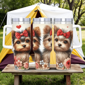 Yorkshire Terrier Bow Floral Stainless Steel Tumbler (Capacity / Color: 40Oz / White)