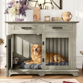 Wooden Dog Crate End Table with Storage Drawers (Color: Gray)