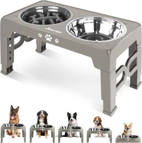 Adjustable Elevated Dog Bowl Set with Non-Slip Mat (Color: Light Borwn Grey  For Medium Large Dogs 1 Basic&1Slow Bowl)