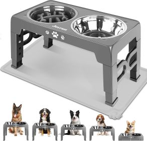 Adjustable Elevated Dog Bowl Set with Non-Slip Mat (Color: Grey    8" For Medium Dogs 1 Basic&1Slow Bowl With Mat)