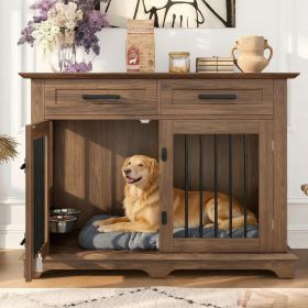 Wooden Dog Crate End Table with Storage Drawers (Color: Brown)