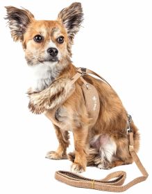Faux-Fur Collar Harness & Leash Set (Color / Size: Khaki / X-Small)