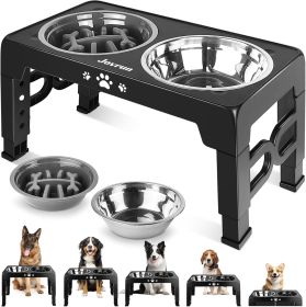 Adjustable Elevated Dog Bowl Set with Non-Slip Mat (Color: Black  For Medium Large Dogs 1 Basic&1Slow Bowl)