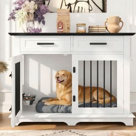 Wooden Dog Crate End Table with Storage Drawers (Color: Black,White)