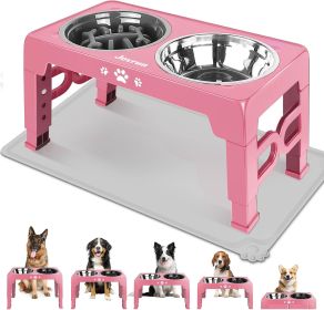 Adjustable Elevated Dog Bowl Set with Non-Slip Mat (Color: Pink    8" For Medium Dogs 1 Basic&1Slow Bowl With Mat)