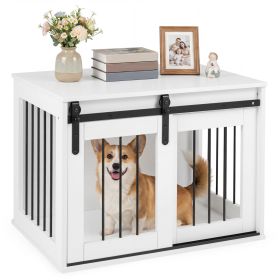 Sliding Barn Door Dog Crate Furniture (Color: White)