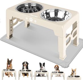 Adjustable Elevated Dog Bowl Set with Non-Slip Mat (Color: Beige  8" For Medium Dogs 1 Basic&1Slow Bowl With Mat)