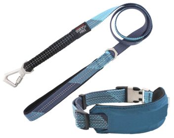 Neoprene Padded Reflective Leash & Collar Set (Color: Blue, size: large)